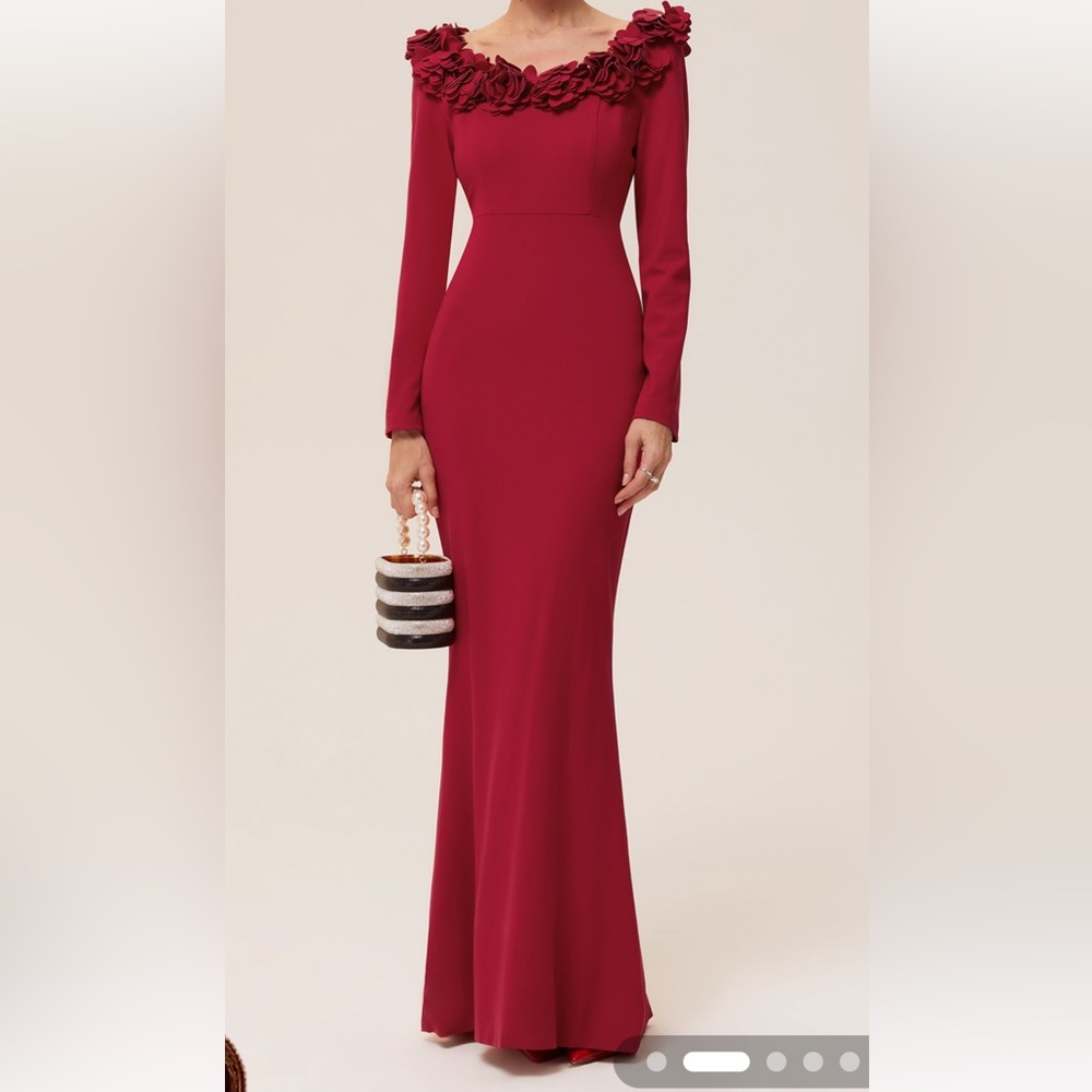 Red 3D Floral Long Sleeve Mermaid Gown